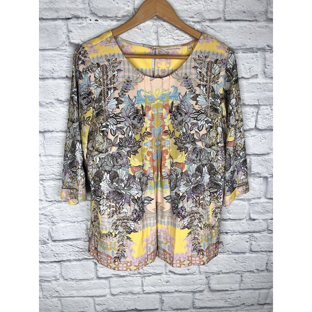 SOFT SURROUNDINGS Women's Multicolor Westo Pleated 3/4 Sleeve Blouse Small